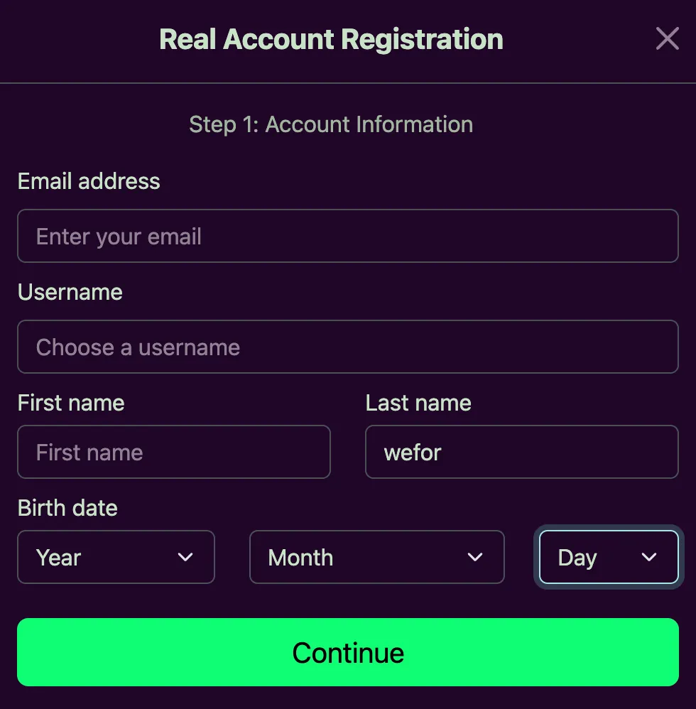Avantgarde Casino registration step 1 — account information