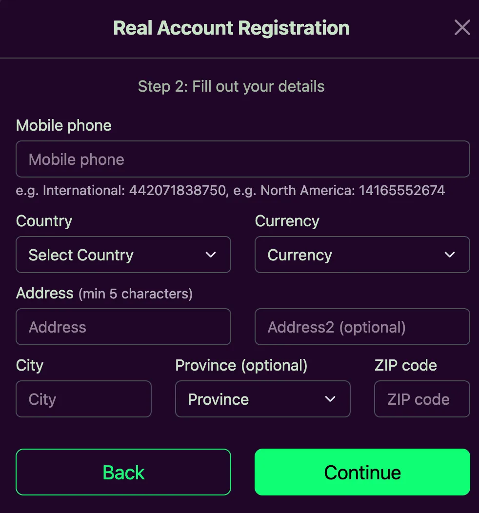 Avantgarde Casino registration step 2 — fill out your details