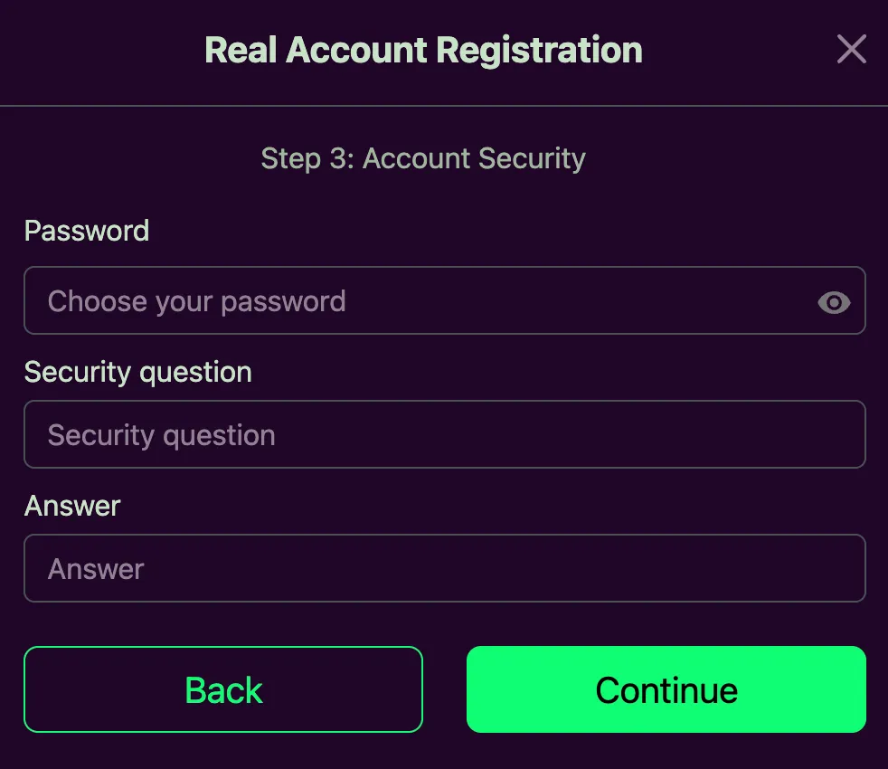 Avantgarde Casino registration step 3 — account security